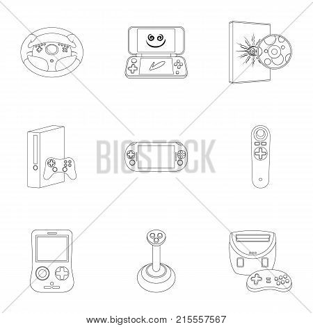 Game console and virtual reality outline icons in set collection for design.Game Gadgets vector symbol stock illustration.