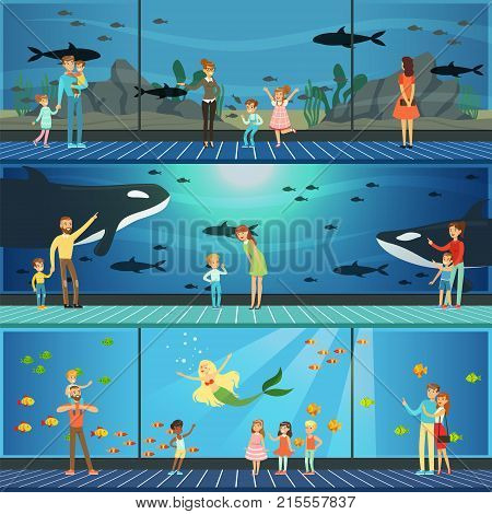 People visiting an oceanarium set of vector Illustrations, parents with children watching underwater scenery with sea animals in giant oceanarium