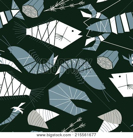 Seafood vector seamless pattern. Wallpaper with fish lobster shrimp salmon and mussels. Healthy ocean meals flat styly background.