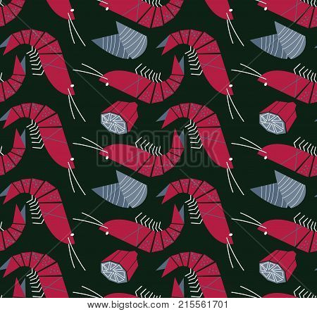Seafood vector seamless pattern. Wallpaper with shrimp mussels and lemon. Healthy ocean meals flat styly background.