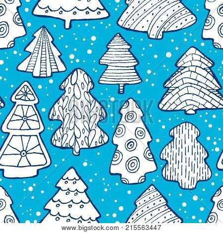 Cute Christmas seamless pattern with Christmas tree and decorations. Hand drawn line art illustration for winter seasonal backgrounds packaging textile wrapping and backdrops.