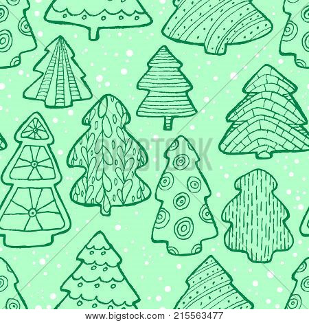 Cute Christmas seamless pattern with Christmas tree and decorations. Hand drawn line art illustration for winter seasonal backgrounds packaging textile wrapping and backdrops.