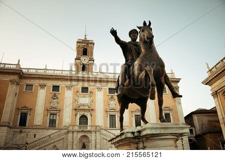 Piazza del Campidoglio with statue of Marcus Aurelius in Rome, Italy.