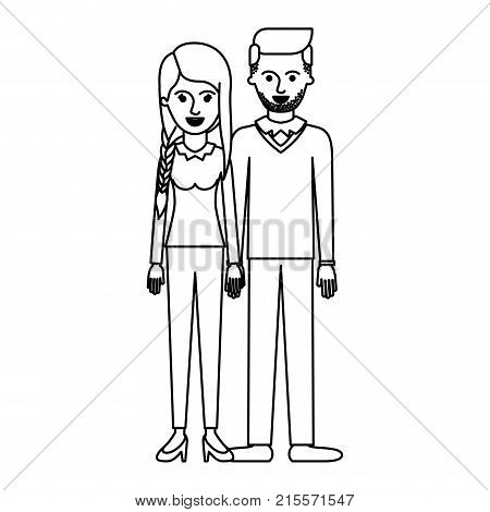 couple monochrome silhouette and her with blouse long sleeve and pants and heel shoes with braid and fringe hairstyle and him stubble beard and sweater and pants and shoes with side parted hairstyle vector illustration