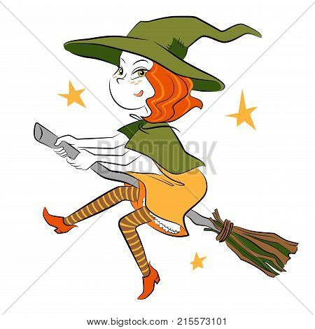 Little witch flying on the broom - picture for Helloween party