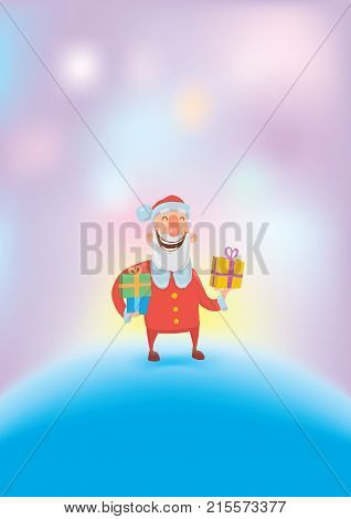 Funny smiling Santa Claus carries gifts in colorful boxes. Merry Christmas and Happy New Year greeting card. Vector illustration. Cartoon character on glowing colourful background.