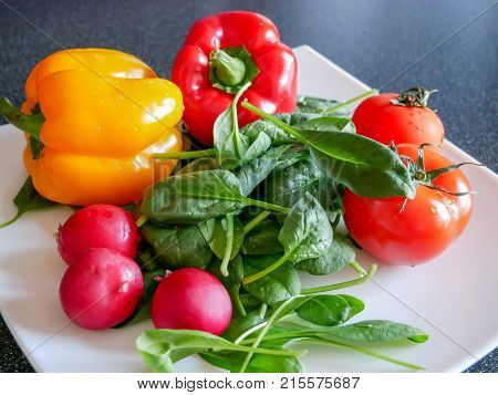 Fresh green vegetable salad with radish tomatoes color peppers on the white plate