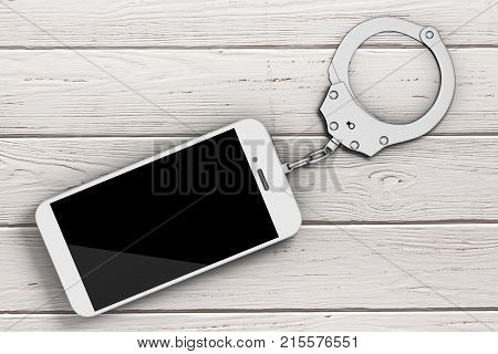 Mobile Phone Chained to Metal Handcuffs on a wooden table. 3d Rendering