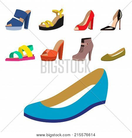 Set of womens shoes flat design vector collection of leather colored moccasins sandals illustration. Wear for all seasons. For shoe store ad fashion concepts.