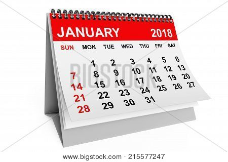 2018 year calendar. January calendar on a white background. 3d rendering