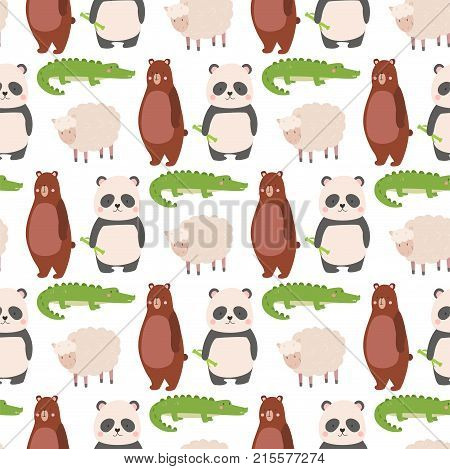 Cartoon bear zoo animalscharacter different sheep crocodile panda pose vector set cute illustration seamless pattern background