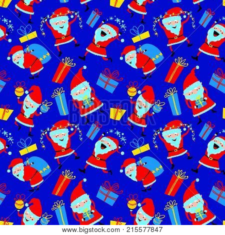 Christmas seamless pattern. Background with cute Santa Claus and gift boxes. Cartoon vector illustration for winter seasonal wrapping backdrops textile