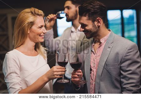 Wine tasting event, degustation by oenologists in restaurant