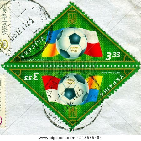GOMEL, BELARUS, 20 NOVEMBER 2017, Stamp printed in Ukraine shows image of the EVRO 2012, circa 2007.