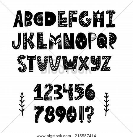Funny hand drawn alphabet. Vector letters set. Scandinavian style with decorations.