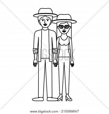 couple monochrome silhouette and both with hat and pants and him with shirt and jacket and pants and shoes and her with blouse and heel shoes with long straight hair vector illustration