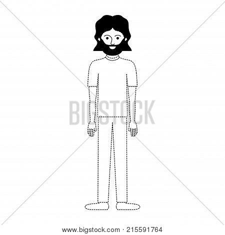 man full body with t-shirt and pants and shoes with mid length hair and beard in black dotted silhouette vector illustration
