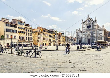 Florence ITALY - july 11 2017: view of square Santa Croce and Santa Croce church in FlorenceItaly on july 11 2017 in Florence Italy