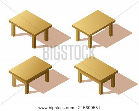 Set of isometric wooden table. Vector illustration on a white background. Tables in isometric view