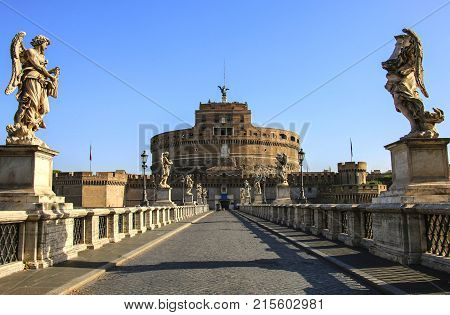 Saint Angel Castle and Saint Angel bridge in Rome Italy.