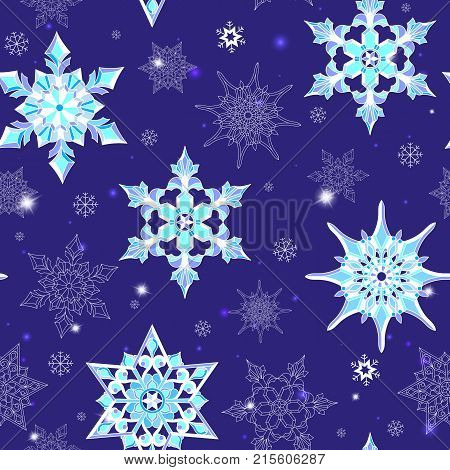 Seamless pattern on the theme of winter and winter holidays the contour of the snowflake and sters white snowflakes on a blue background