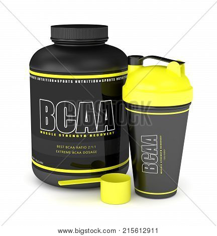 3D Render Of Bcaa Powder With Dumbbells And Shaker
