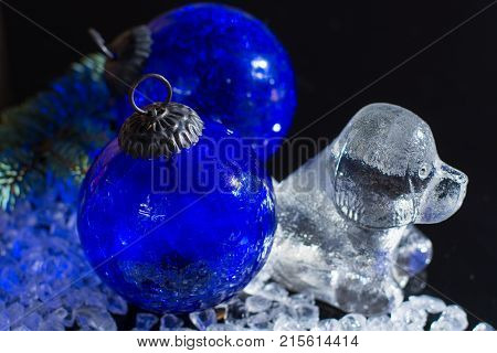 Black, Blue And White, Chine Horoscop, 2018 New Year Of Dog, Glass Dog Figure And Blue Ball