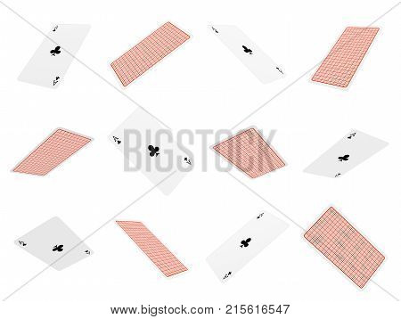 3d rendering of many playing cards flying in the air all of them being aces of clubs. Casino and gambling. Professional poker. Card games.