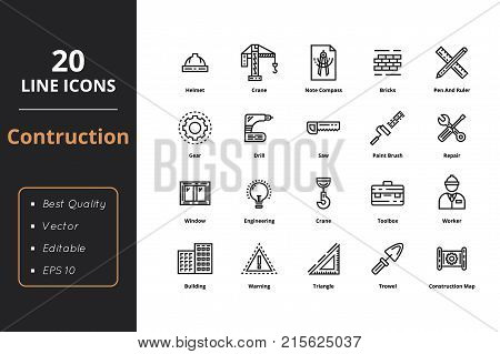 Construction high quality 20 thin line icons. Icons for construction and engineering