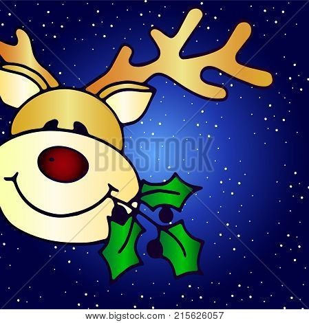 Cute deer on a beautiful blue gradient background with snow - Idea for a Christmas greeting card. Merry Christmas