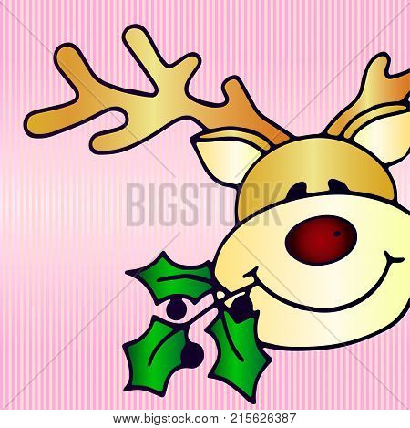 Beautiful good deer with a sprig of plants on a pink gradient background - idea for a greeting card