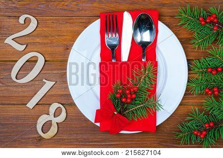 Christmas Arrangement On A Wooden Table Top View.