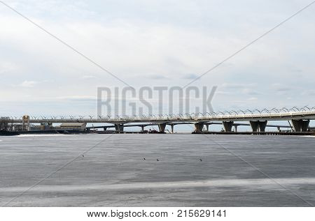 Western high-speed diameter. and Gulf of Finland on north western outskirts of St. Petersburg at winter Russia.