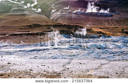 Fumarole field in Namafjall Iceland. Geothermal beauty landscape.