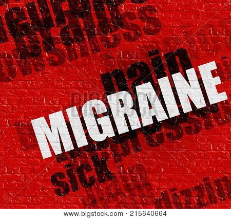 Modern healthcare concept: Migraine on the Red Brick Wall . Migraine - on the Wall with Wordcloud Around .