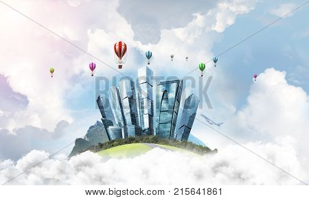 Green flying island among clouds with urban view of towers and skyscrapers. Flying aerostates and blue cloudy skyscape on background. 3D rendering.