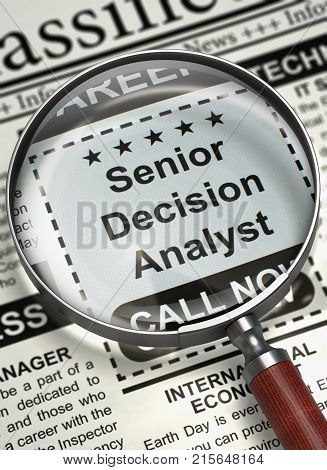Senior Decision Analyst - Small Ads of Job Search in Newspaper. Senior Decision Analyst - Close Up View Of A Classifieds Through Magnifying Glass. Hiring Concept. Blurred Image. 3D Render.