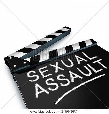 Sexual assault in media and entertainment and criminal physical harassment in the movie or TV industry as a clapboard with written text as a 3D render.