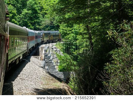 ELKINS, WEST VIRGINIA - JUNE 19, 2016: Tygart Flyer on steep trip into mountains of West Virginia by Durbin and Greenbrier Vallery Railroad
