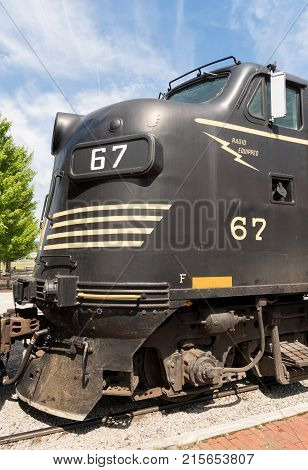 ELKINS, WEST VIRGINIA - JUNE 19, 2016: Locomotive of Tygart Flyer prior to steep trip into mountains by Durbin and Greenbrier Vallery Railroad