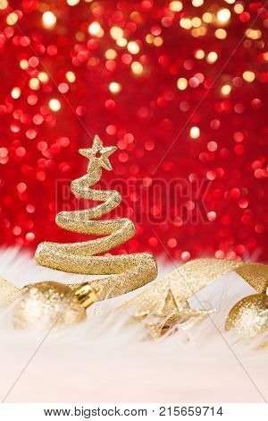 Christmas Tree - Golden Glitter sparkling In The Red Background