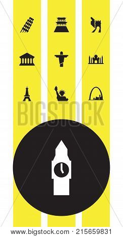 Collection Of Academy, Paris, India Mosque And Other Elements.  Set Of 10 Famous Icons Set.