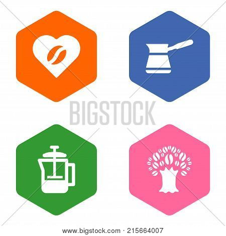 Collection Of French Press, Ibrik, Timber And Other Elements.  Set Of 4 Drink Icons Set.