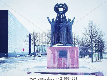 Helsinki Finland - March 8 2017: World Peace Statue of Helsinki Finland in winter.