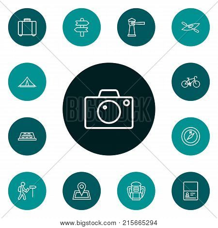Collection Of Boat, Certificate, Foreigner And Other Elements.  Set Of 13 Journey Outline Icons Set.