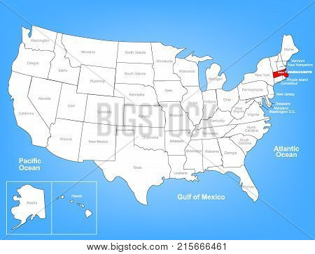 Vector Map of the United Sates Highlighting the State of Massachusetts