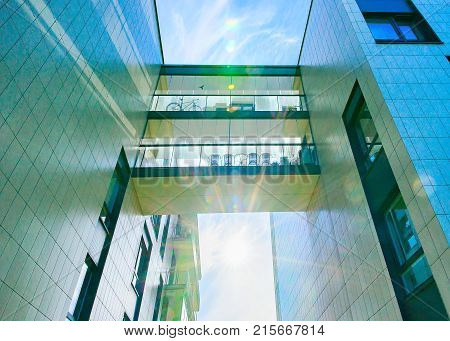 Vilnius Lithuania - June 6 2017: Skybridge between two residential apartment skyscraper buildings at the bedroom suburb Baltupiai district Vilnius Lithuania