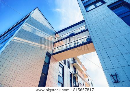 Vilnius Lithuania - June 6 2017: Skybridge between two residential apartment skyscraper buildings in the bedroom suburb Baltupiai district Vilnius Lithuania