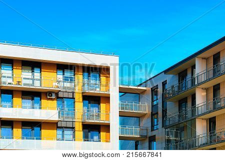 Vilnius Lithuania - June 6 2017: Skybridge between two residential apartment buildings at the bedroom suburb Baltupiai district Vilnius Lithuania