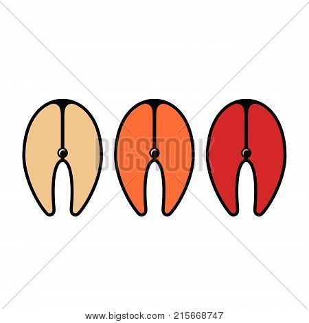 Salmon Tuna Pangasius Fish steak icon set. Tuna steak piece of raw red fish. Vector illustration isolated on white background.